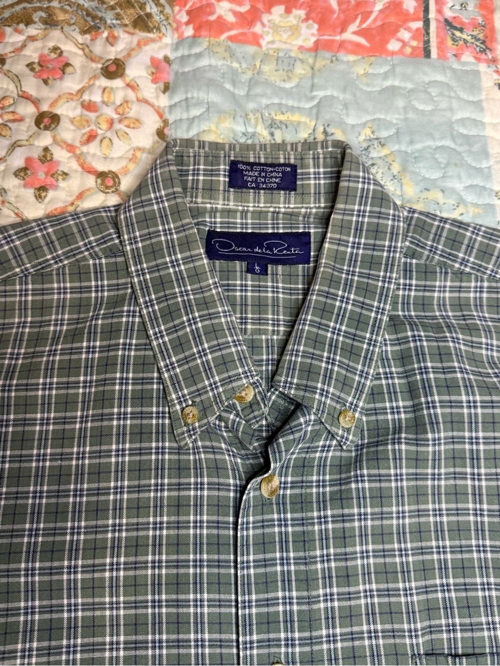 Oscar de la Renta Olive Green Plaid Button-Down Shirt Vintage Coastal Outdoor L